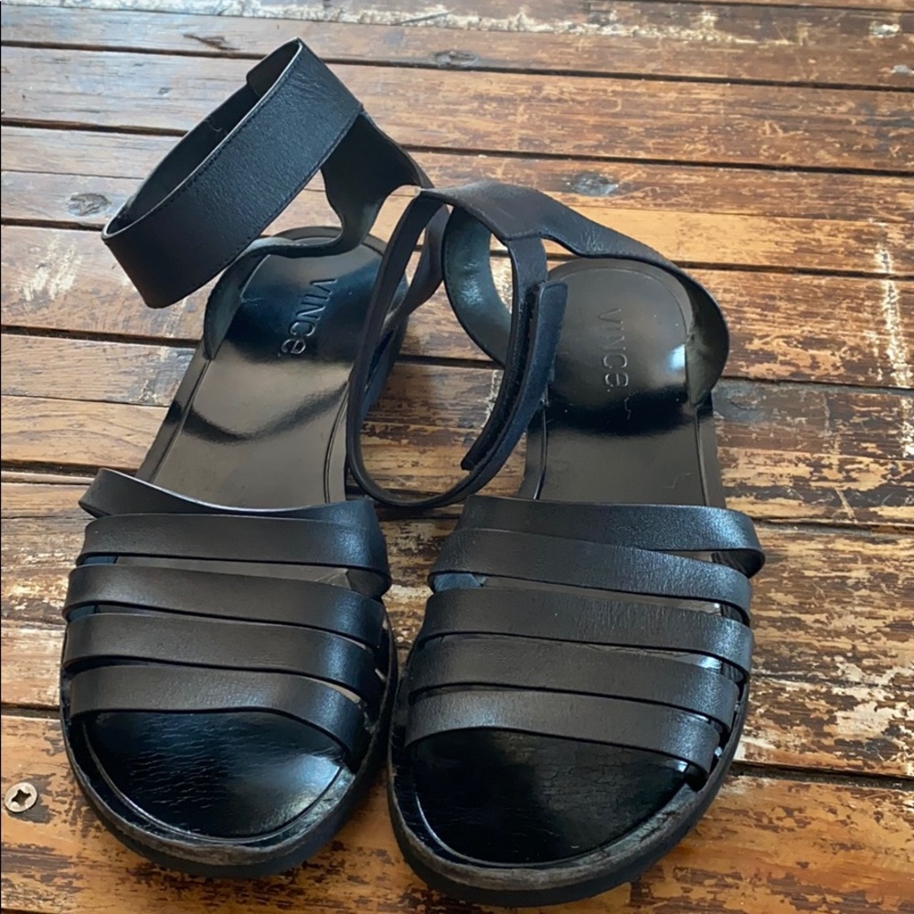 Vince Ankle Strap Flat Black Sandals